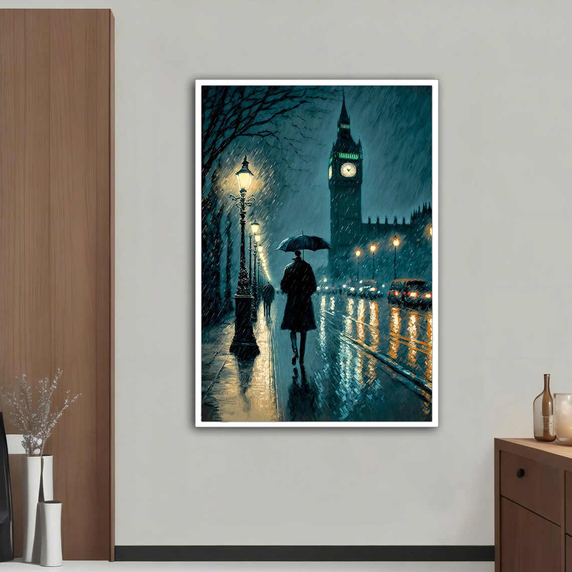 Big Ben London Rainy Night Umbrella Street Lamps Moody Travel Poster - Image 5