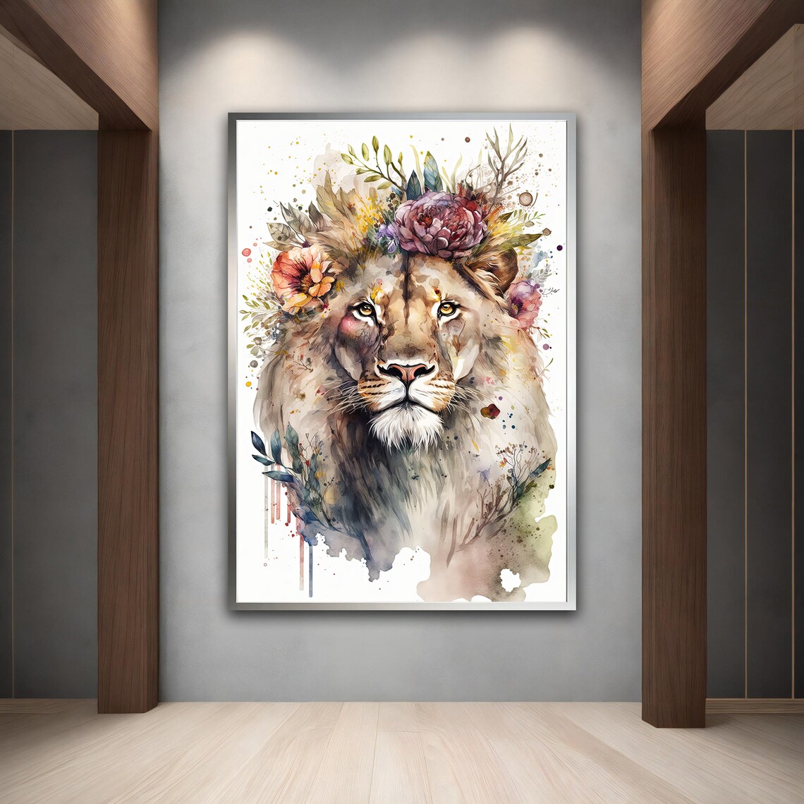 Lion Floral Crown Watercolor Portrait Elegant Animal Wall Art Print - Image 5