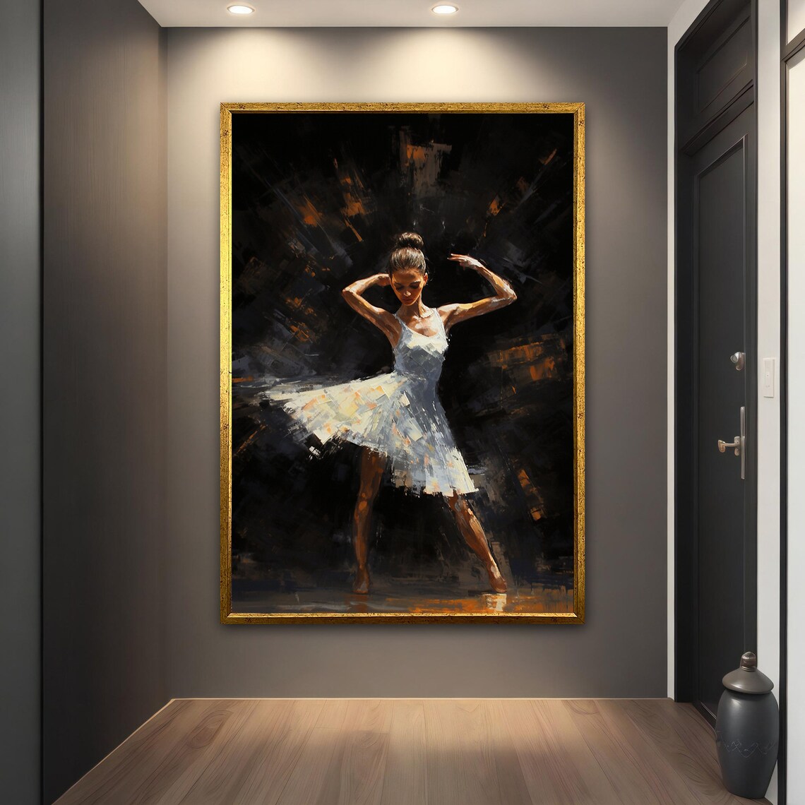 Ballerina in White Dress Dark Stage Dramatic Dance Art Print - Image 3