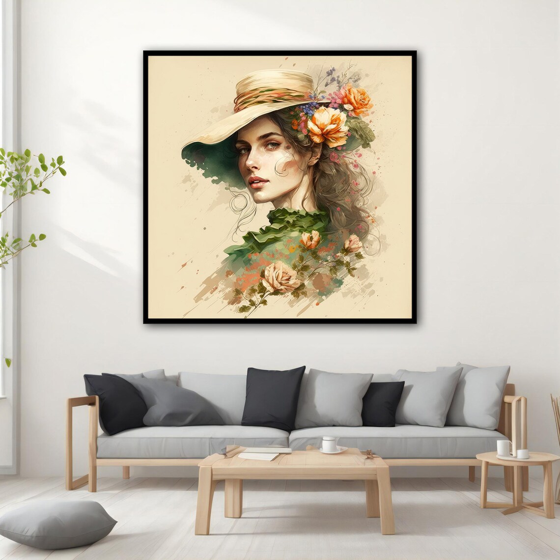Elegant Woman In Straw Hat With Flowers Watercolor Style Art Poster - Image 5