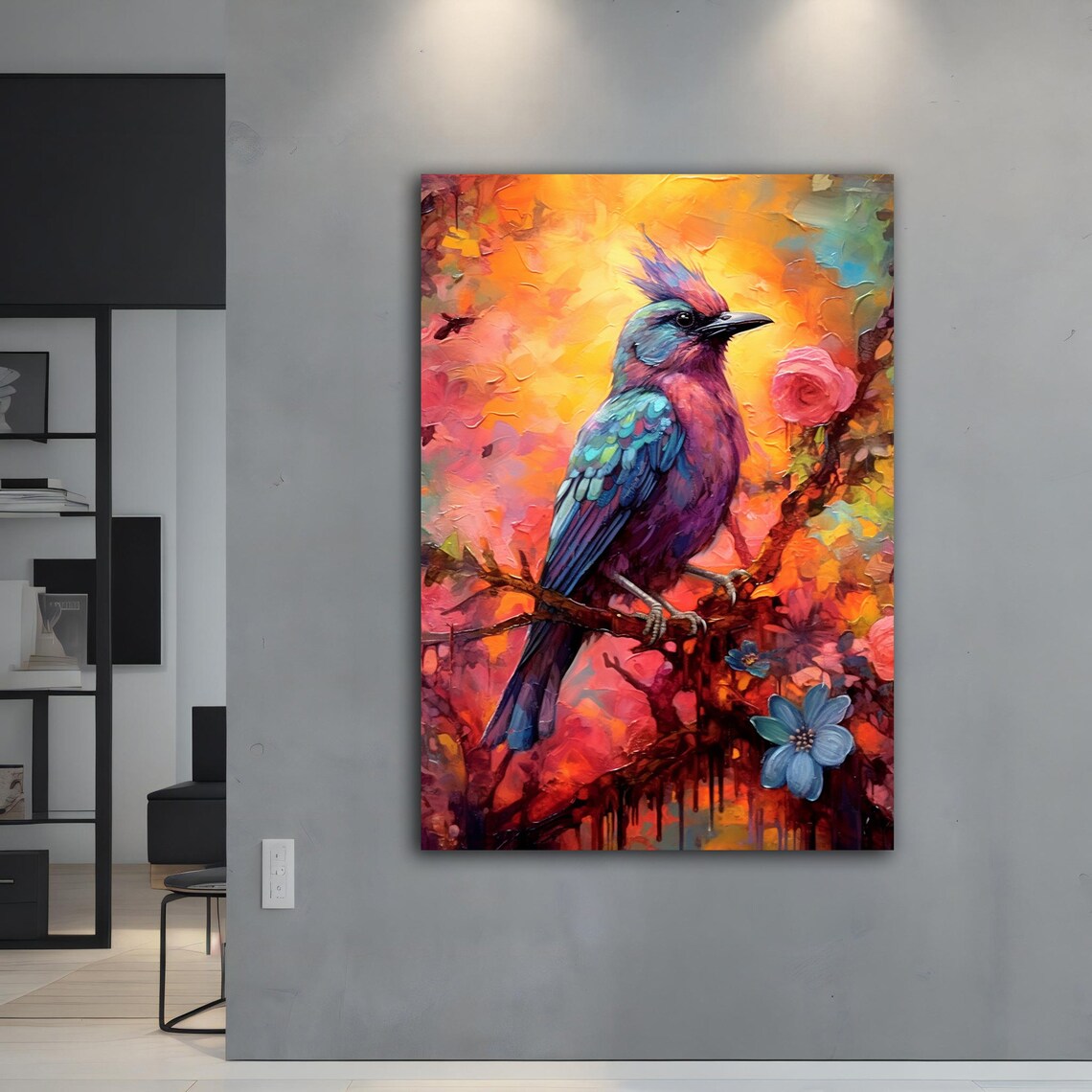 Colorful Crested Songbird on Branch Vibrant Oil Painting Bird Print - Image 4