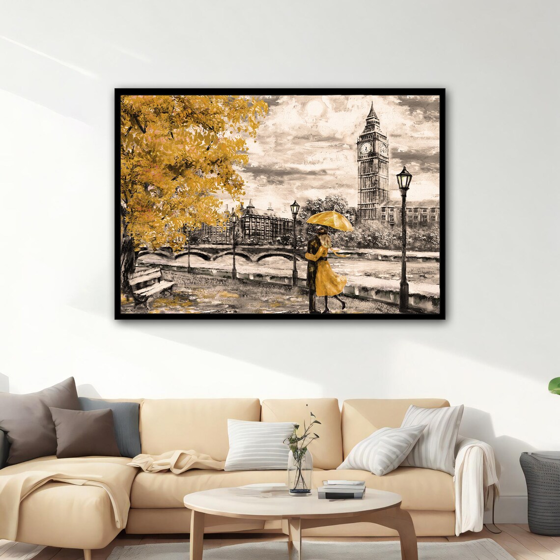 London Big Ben Golden Rainy Day Couple Umbrella City Art Poster - Image 4