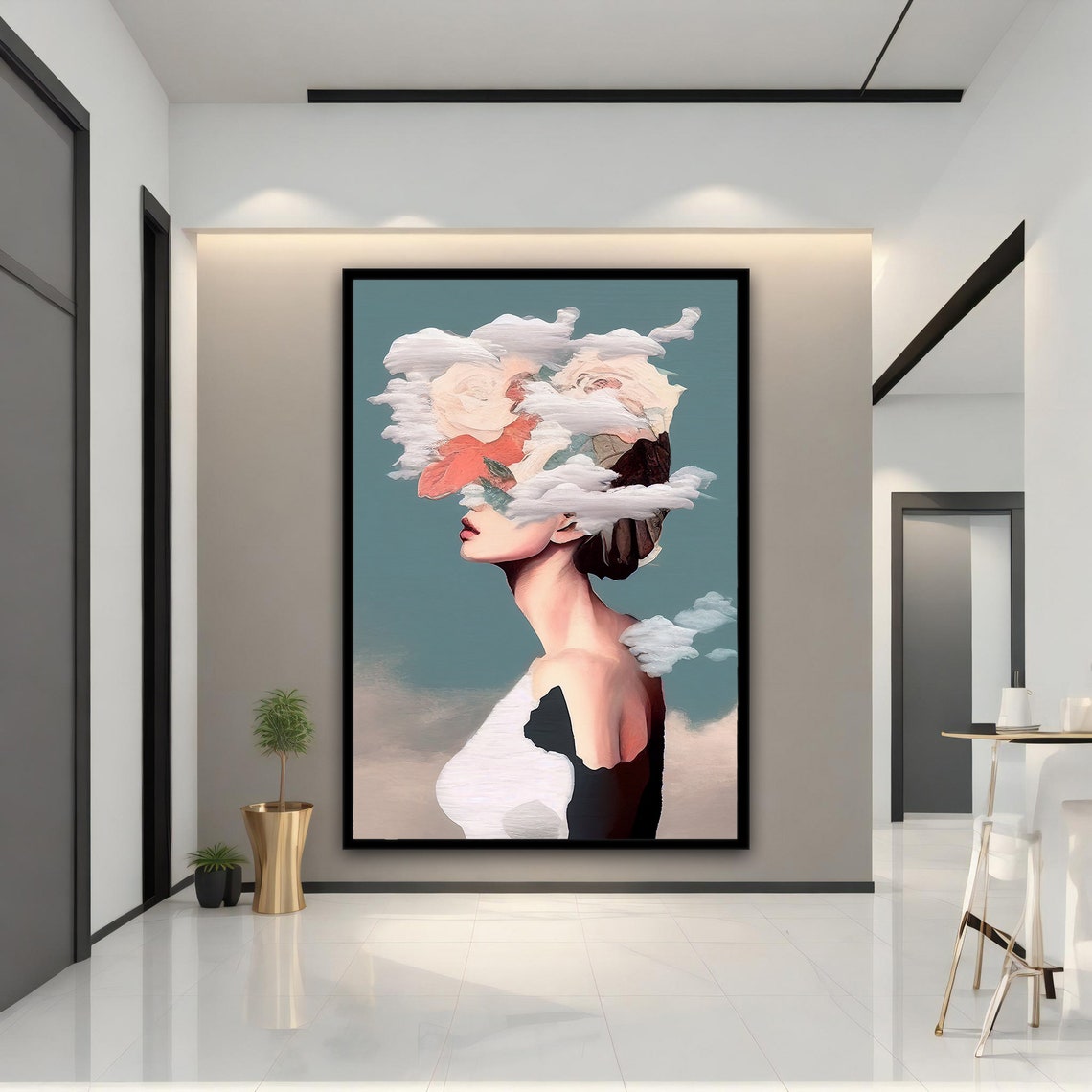 Woman Head Clouds Roses Surreal Profile Teal Background Art Poster - Image 5