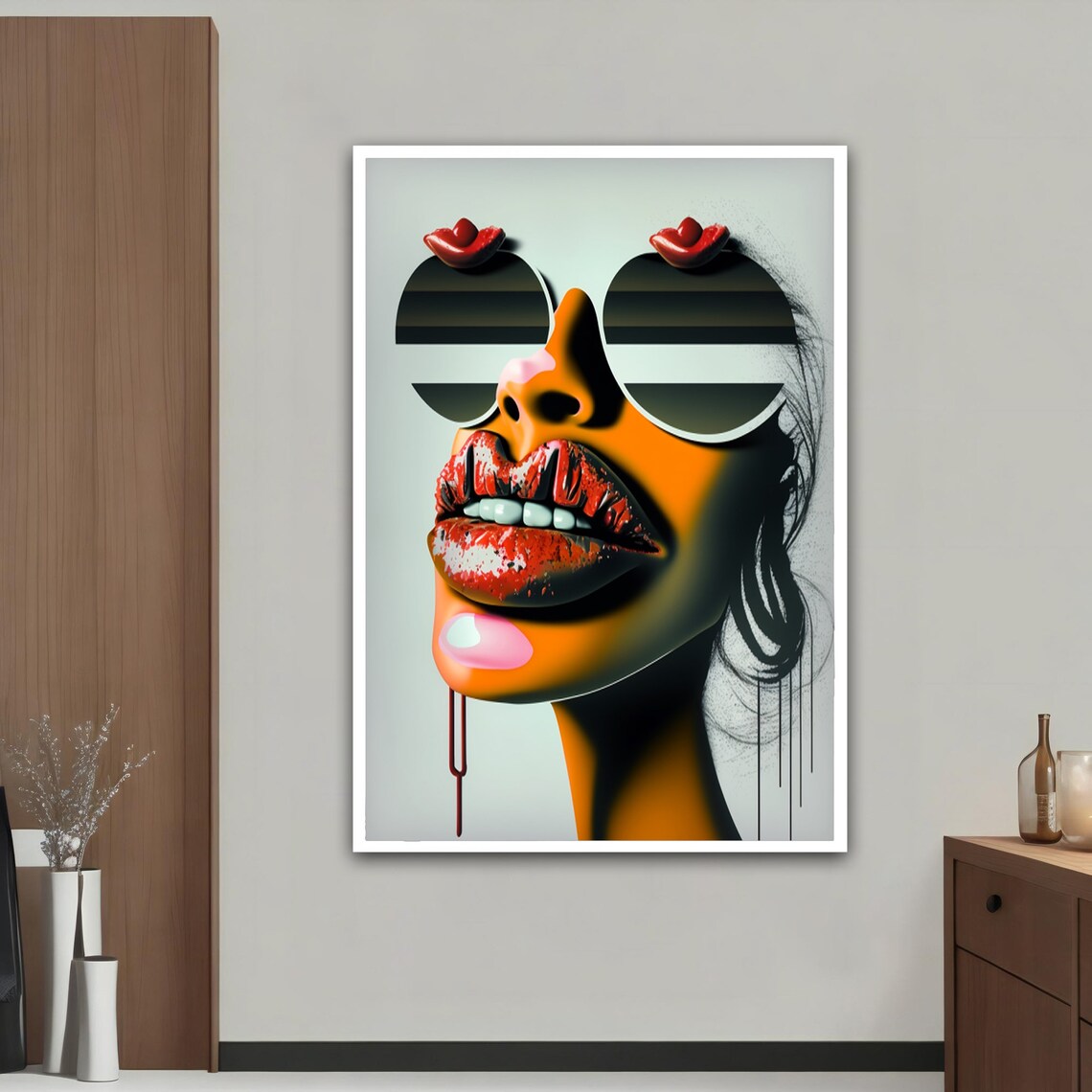 Pop Art Woman Face Red Lips Striped Sunglasses Bold Modern Portrait Poster - Image 3
