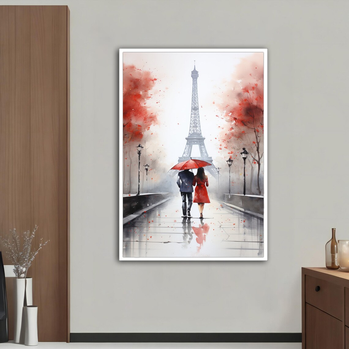 Eiffel Tower Rain Couple Red Umbrella Paris Watercolor Travel Poster - Image 5