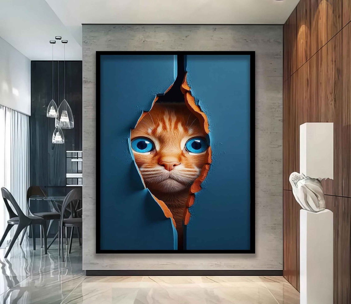 Orange Tabby Cat Blue Eyes Peeking Through Torn Wall Illusion Poster - Image 5