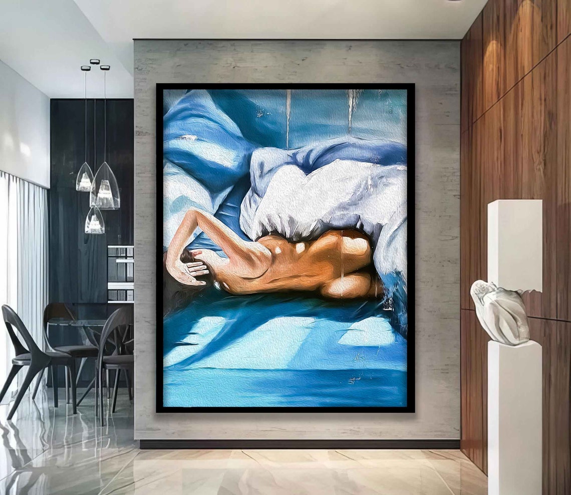 Reclining Nude Woman Blue Sheets Painterly Figurative Art Poster - Image 5