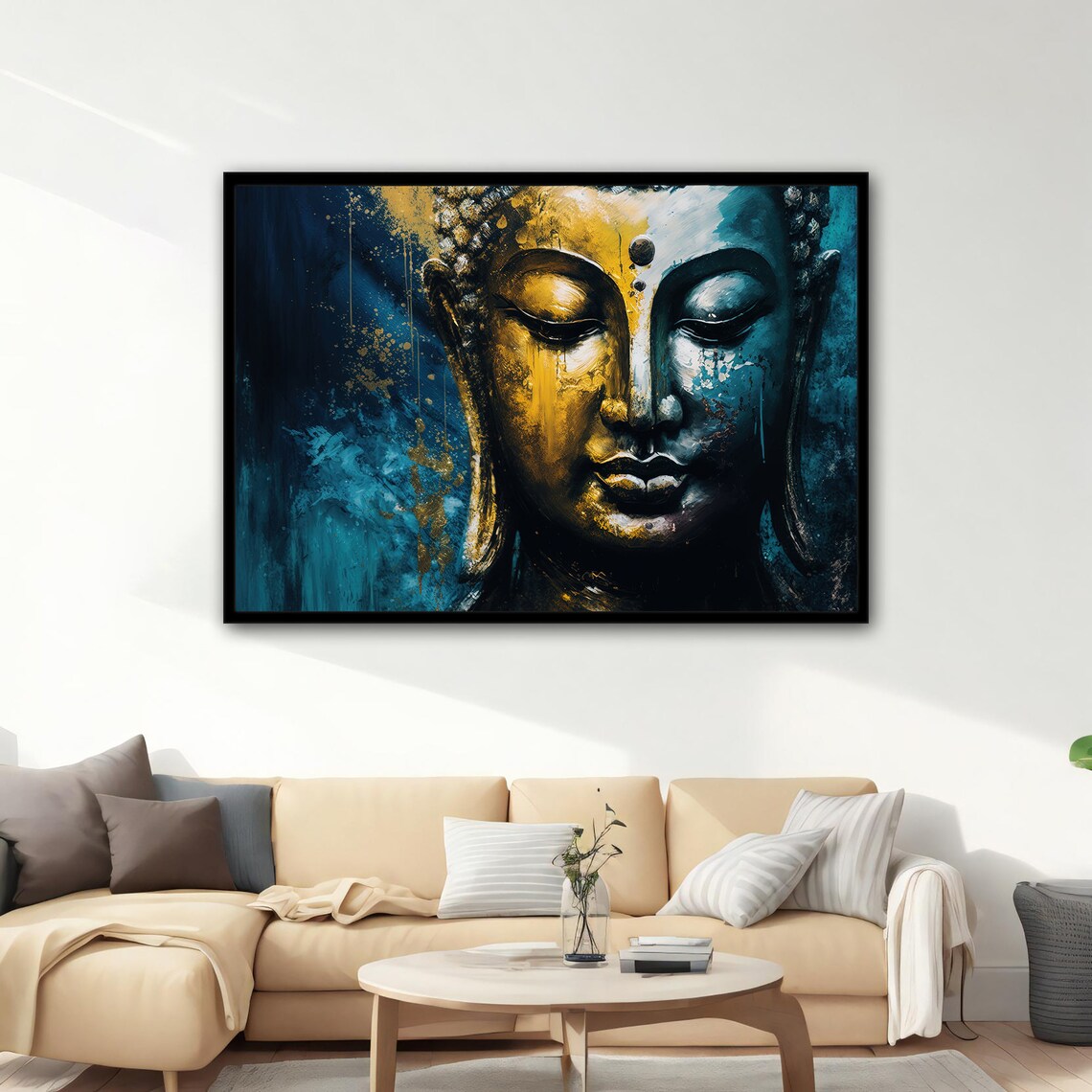 Golden Buddha Face Blue and Gold Meditation Zen Wall Art Poster - Image 5
