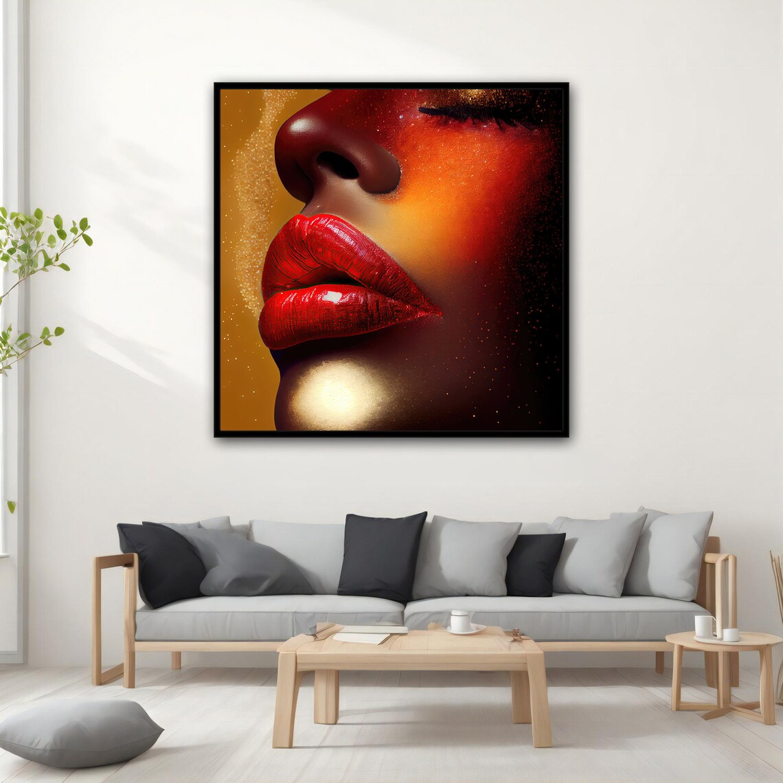 Glossy Red Lips Close Up On Sparkling Golden Background Poster - Image 3