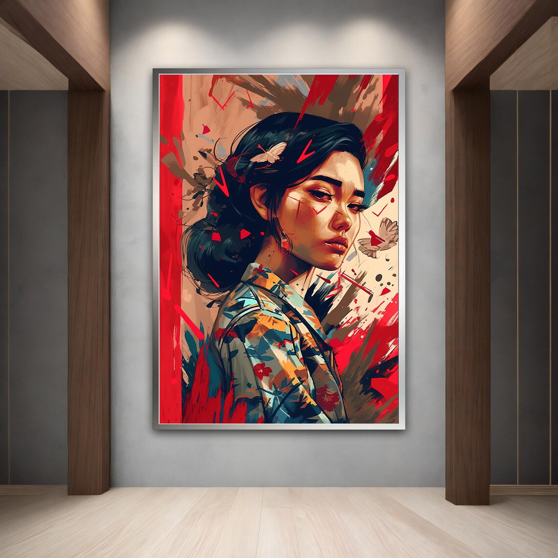 Woman Floral Kimono Red Brushstrokes Butterfly Asian Style Art Poster - Image 2