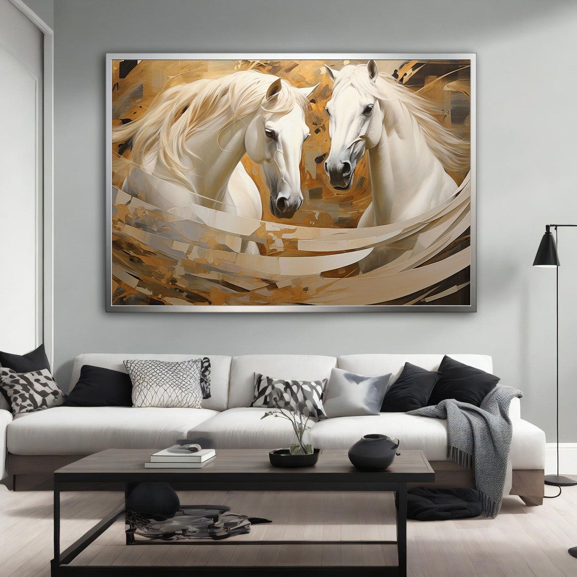 Two White Horses Facing Painting Golden Swirls Elegant Equine Poster - Image 2