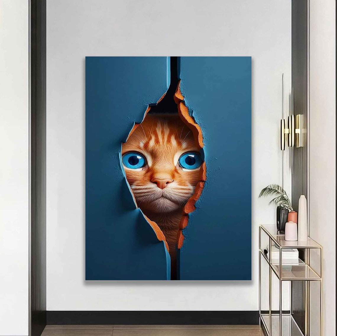 Orange Tabby Cat Blue Eyes Peeking Through Torn Wall Illusion Poster - Image 4