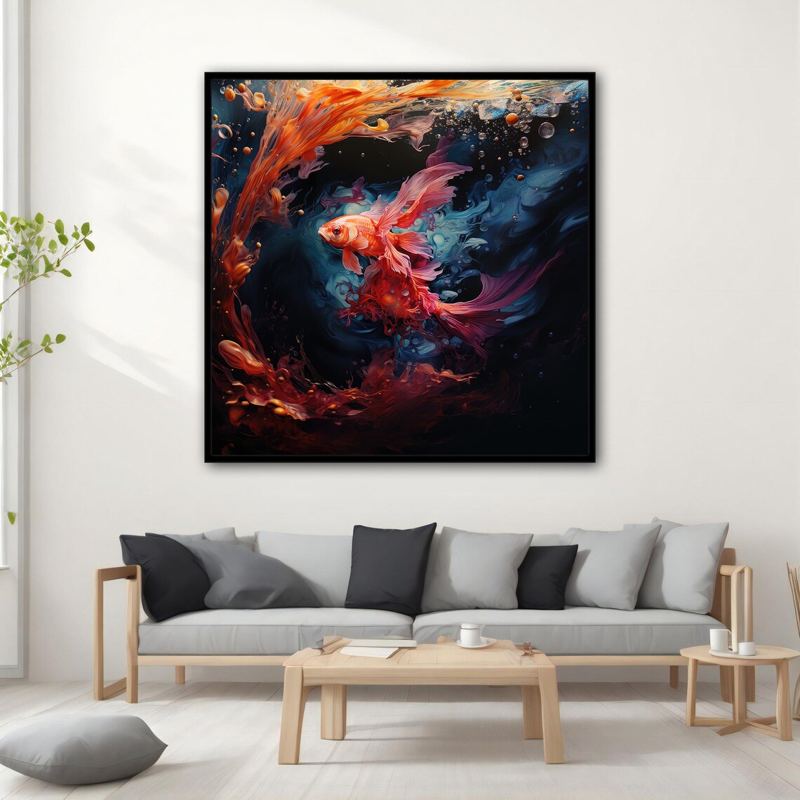 Orange Koi Fish Swimming In Dark Swirling Ink Water Art Poster - Image 5