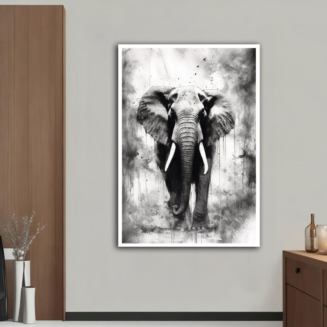 Black And White Elephant Front View Watercolor Style Art Poster - Image 4