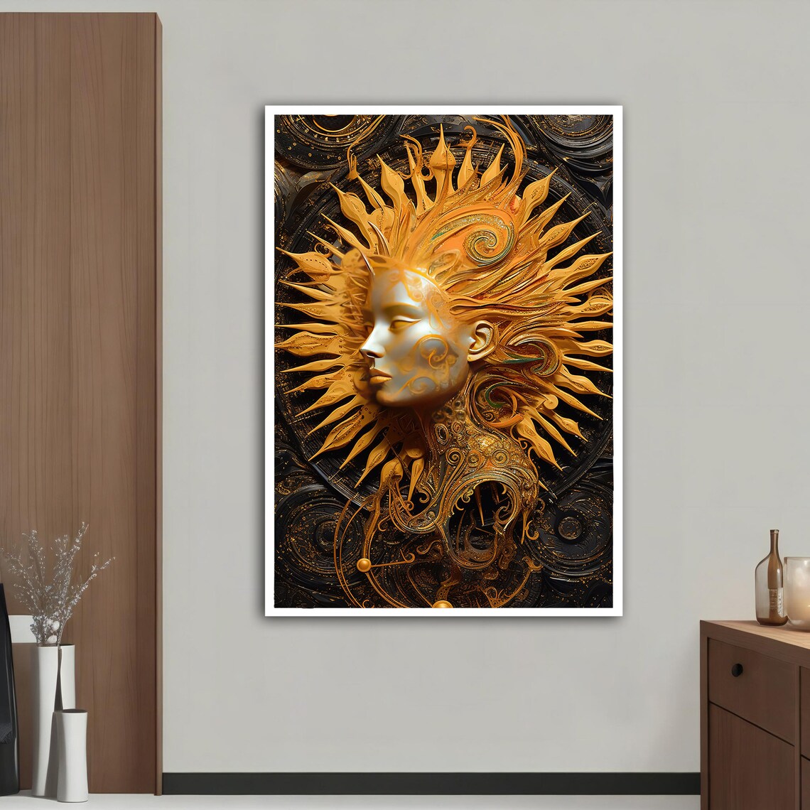 Golden Sun Goddess Radiant Face Baroque Flame Hair Black Art Poster - Image 3