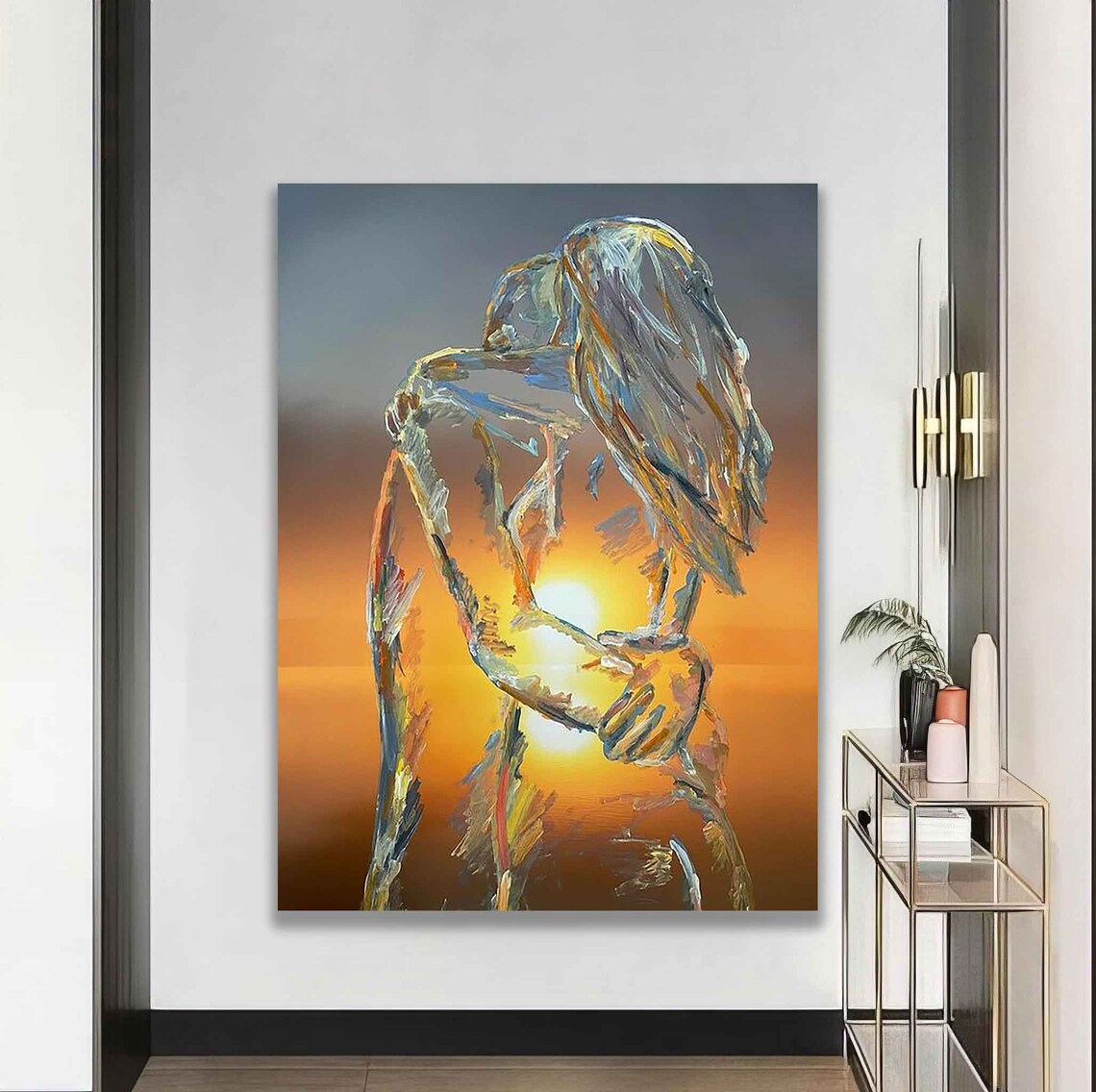 Embracing Couple Silhouette Sunset Double Exposure Love Art Poster - Image 3