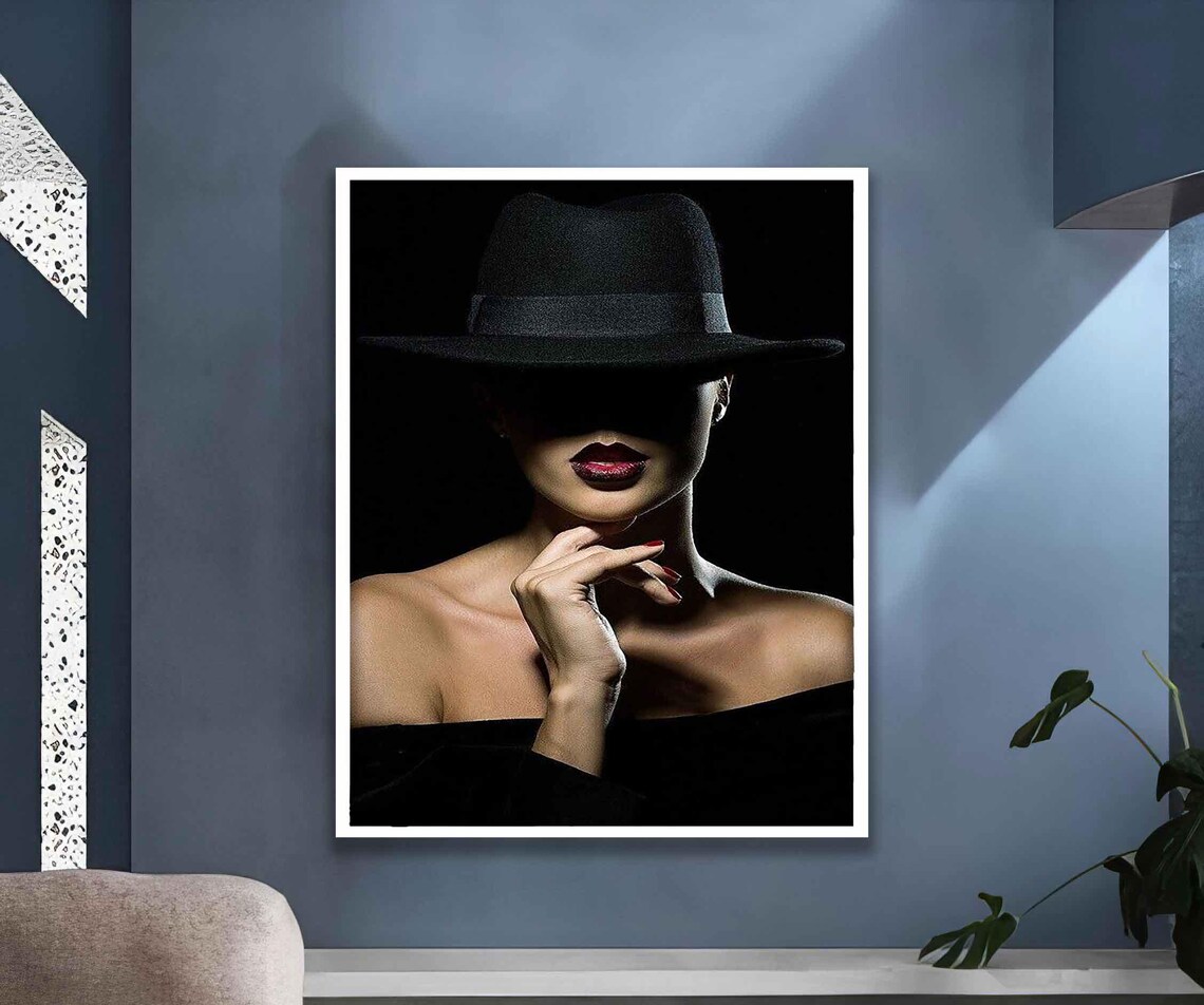 Woman Black Fedora Hat Red Lips Mysterious Noir Fashion Wall Art Poster - Image 2