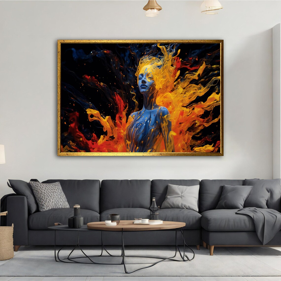 Blue Woman Fire Flames Surreal Portrait Orange Yellow Dramatic Wall Art Poster - Image 5