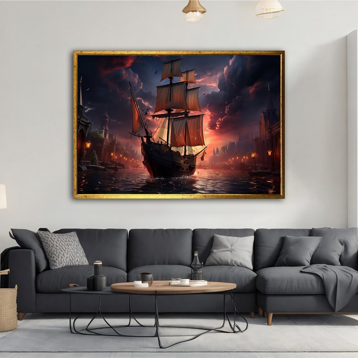 Sailing Ship Old Town Canal Sunset Harbor Vintage Nautical Art Poster - Image 2