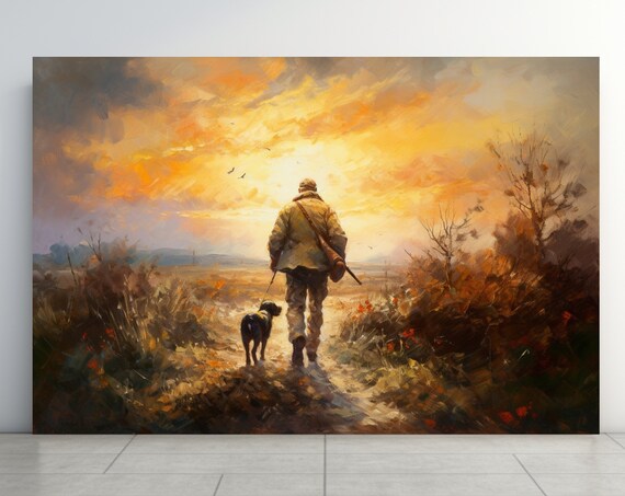 Hunter With Dog Walking Into Golden Sunset Field Hunting Art Wall Poster