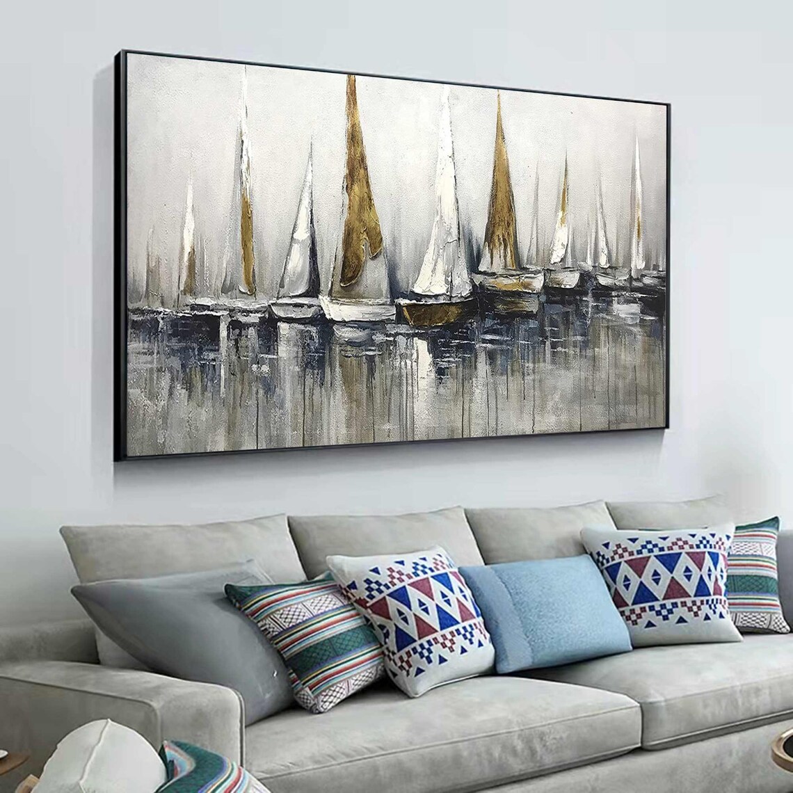 Grey Gold Sailboat Harbor Reflection Panoramic Abstract Sailing Wall Poster - Image 2
