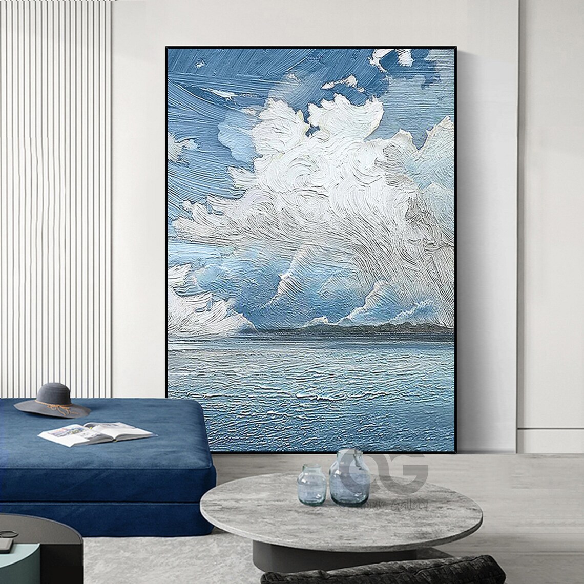 Blue Sky White Clouds Ocean Waves Textured Impasto Modern Painting Wall Art - Image 3