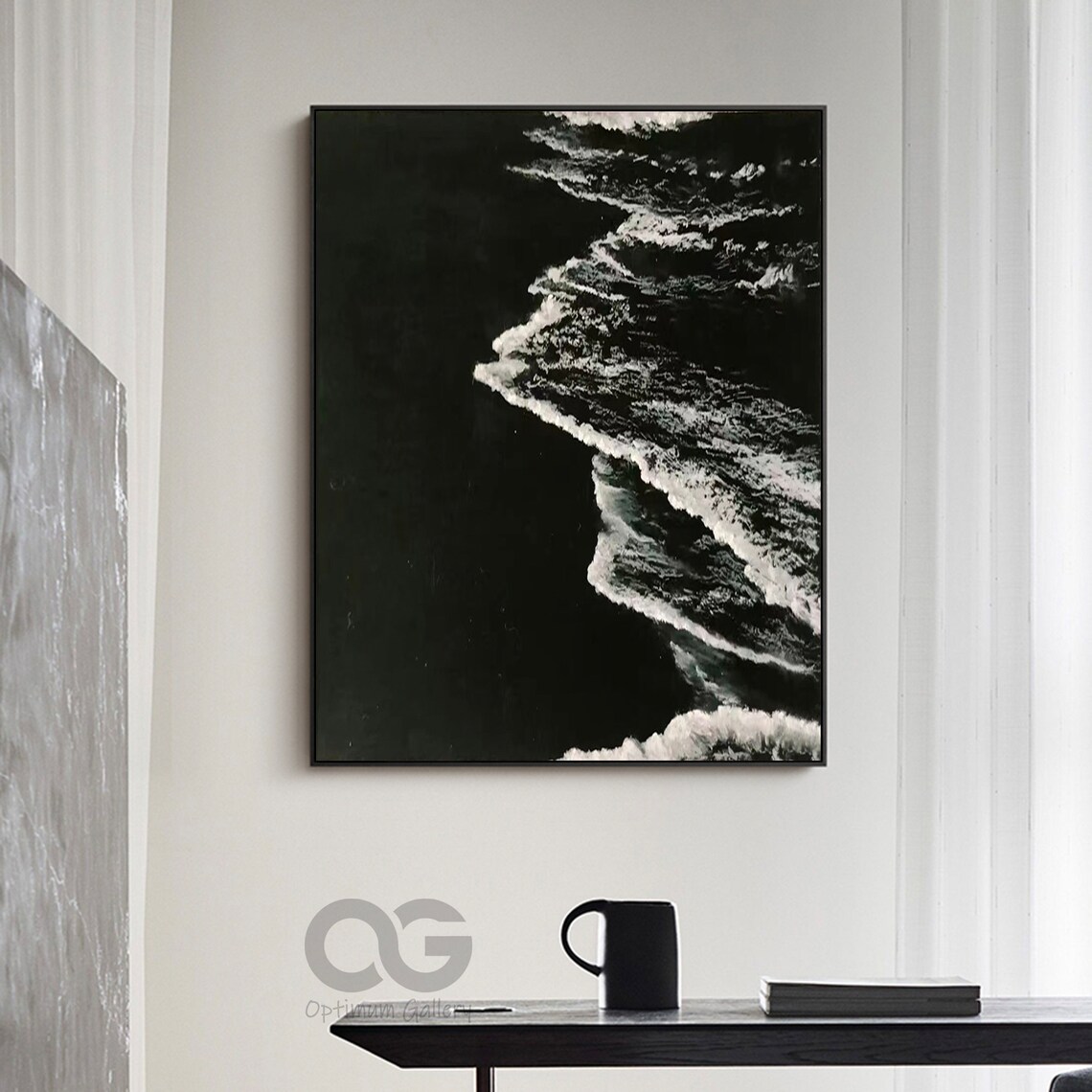 Black And White Aerial Ocean Waves Abstract Modern Art Poster Large - Image 3