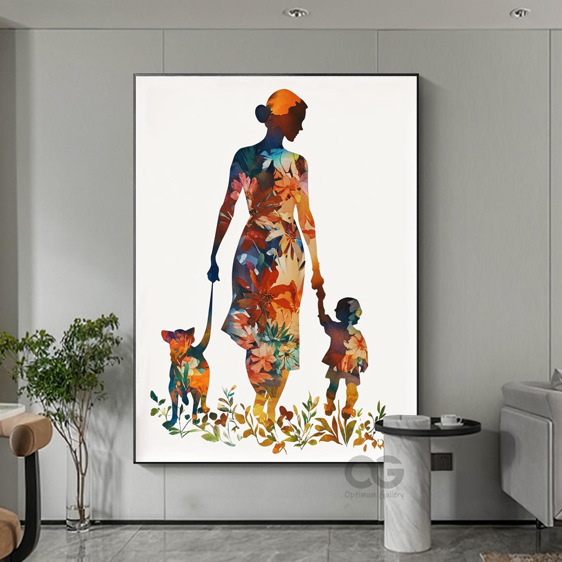 Abstract Colorful Silhouette Of Mother Child And Dog Floral Dress Simple Line Wall Art Gift For Girl Textured Modern Abstract Art Wall Decor - Image 5