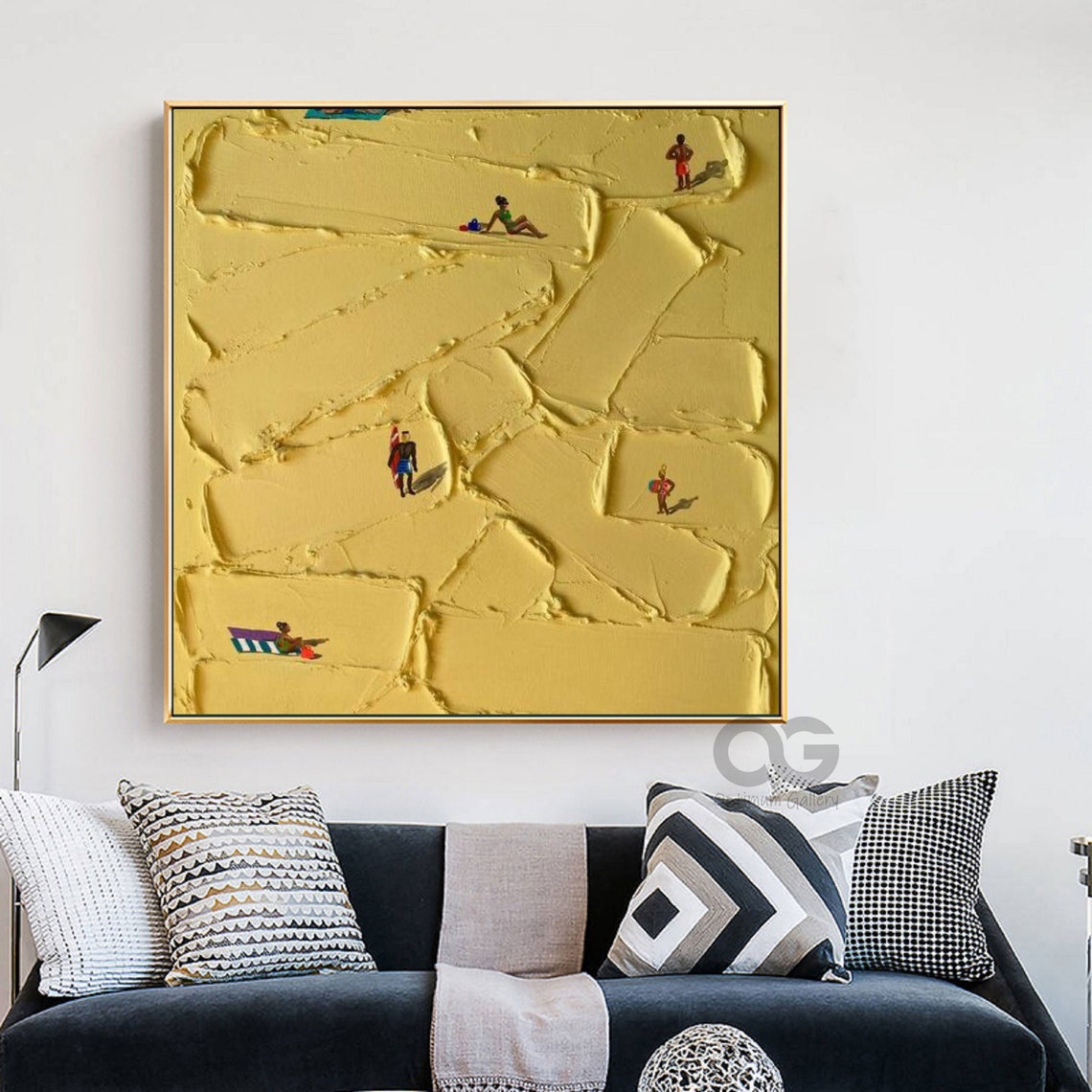 Yellow Textured Sand Beach Tiny Beachgoers Square Palette Knife Poster - Image 4