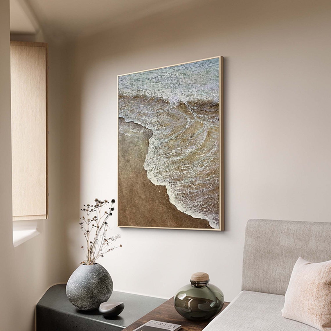 White Foam Waves Brown Sand Beach Aerial Textured Coastal Art Poster - Image 3