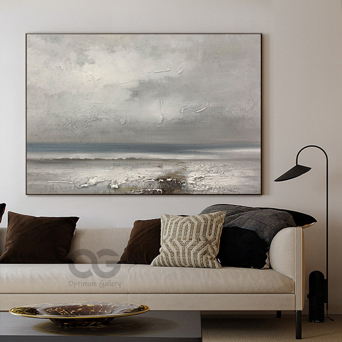 Muted Gray Abstract Beach Seascape Textured Minimalist Painting Wall Art - Image 2