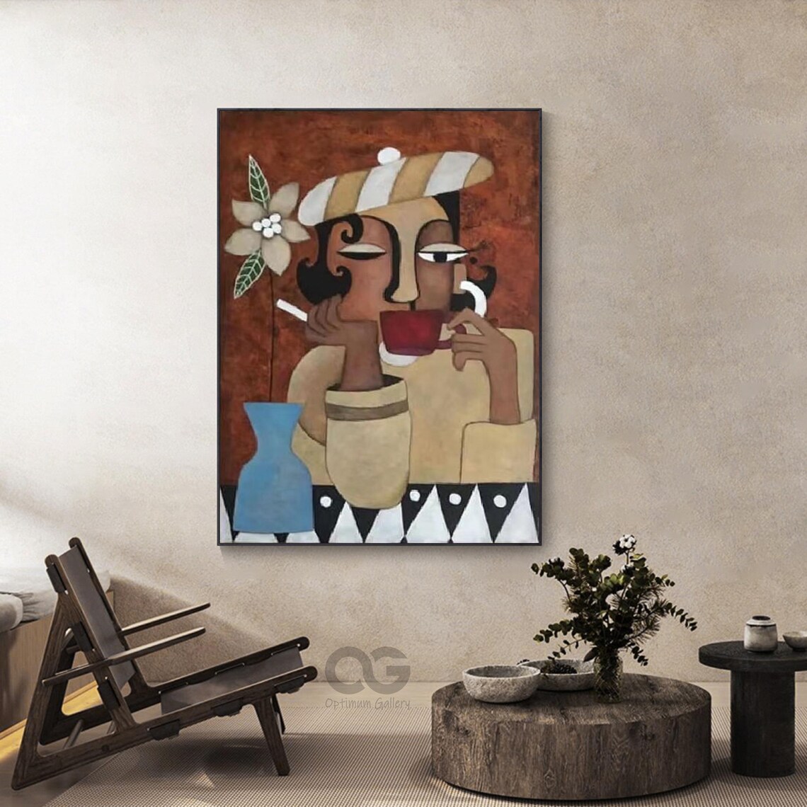 Woman Drinking Coffee Striped Hat Warm Red Abstract Figurative Art Poster - Image 3