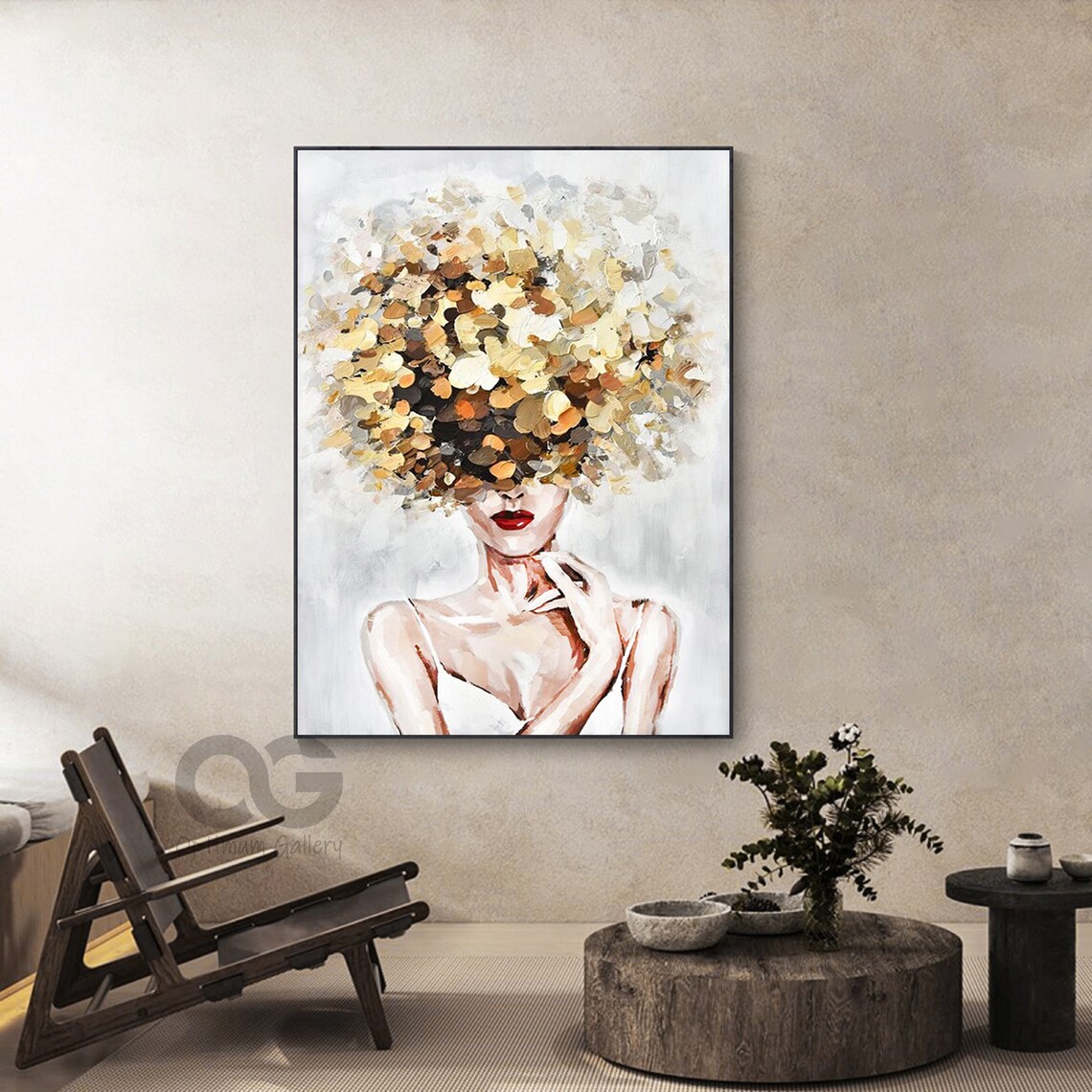 Golden Floral Hair Woman Portrait Red Lips Elegant Abstract Lady Poster - Image 2