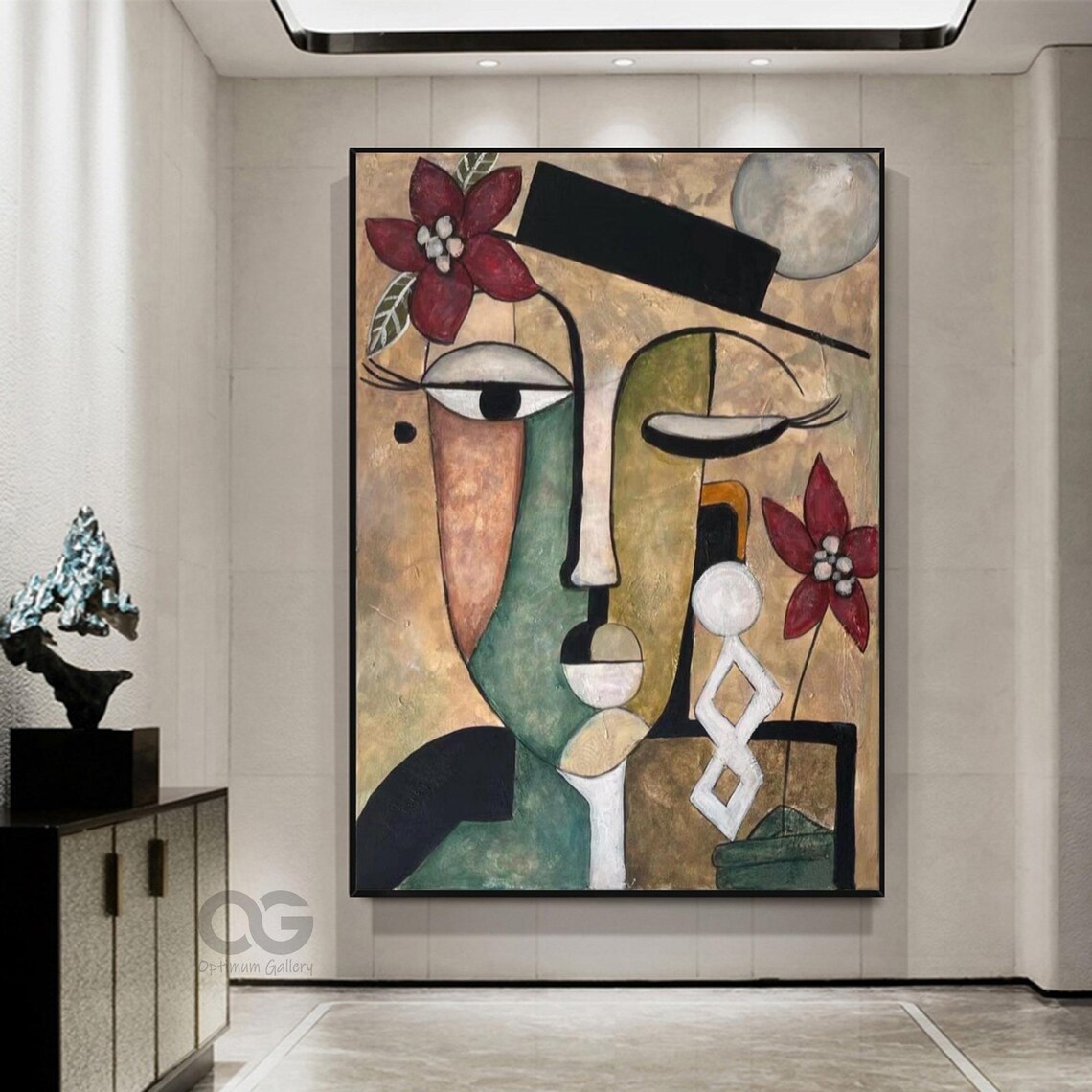 Abstract Face Black Hat Red Flowers Beige Green Split Portrait Art Poster