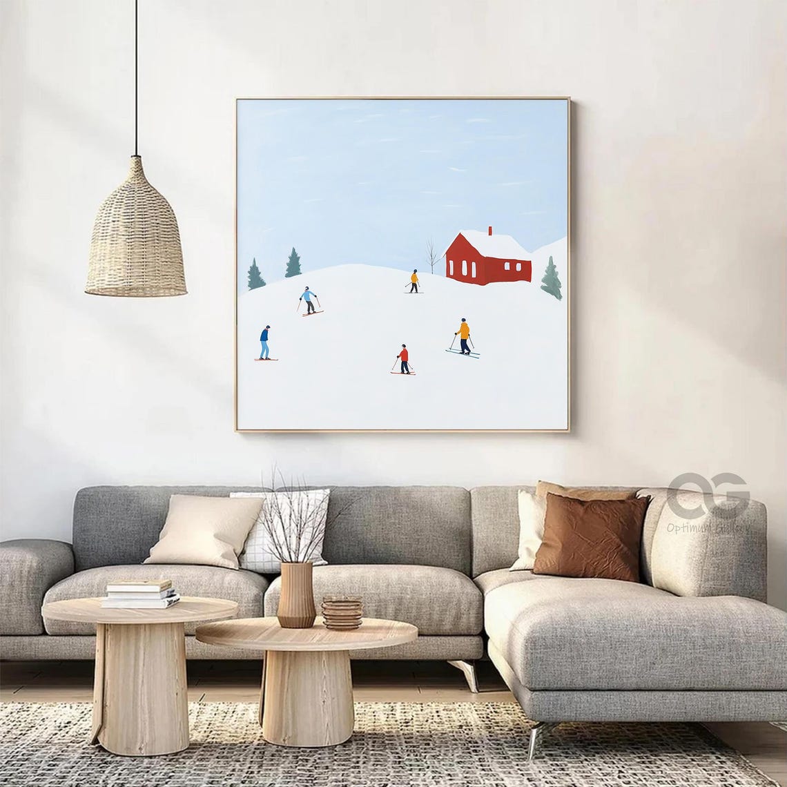 Cheerful Skiers Red Cabin Snowy Slope Winter Illustration Art Poster - Image 2