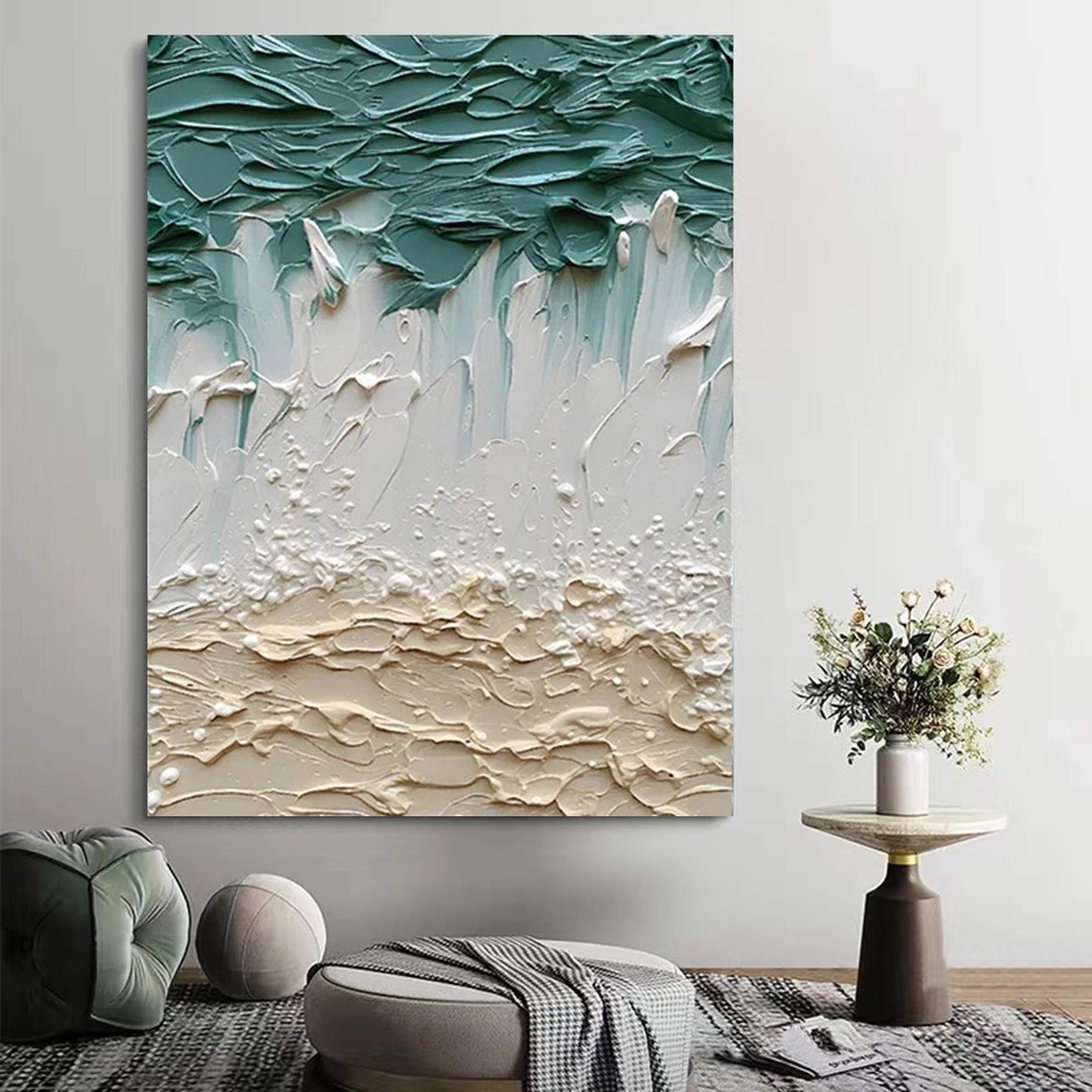 Teal White Sand 3D Textured Beach Vertical Ocean Wave Painting Poster - Image 5