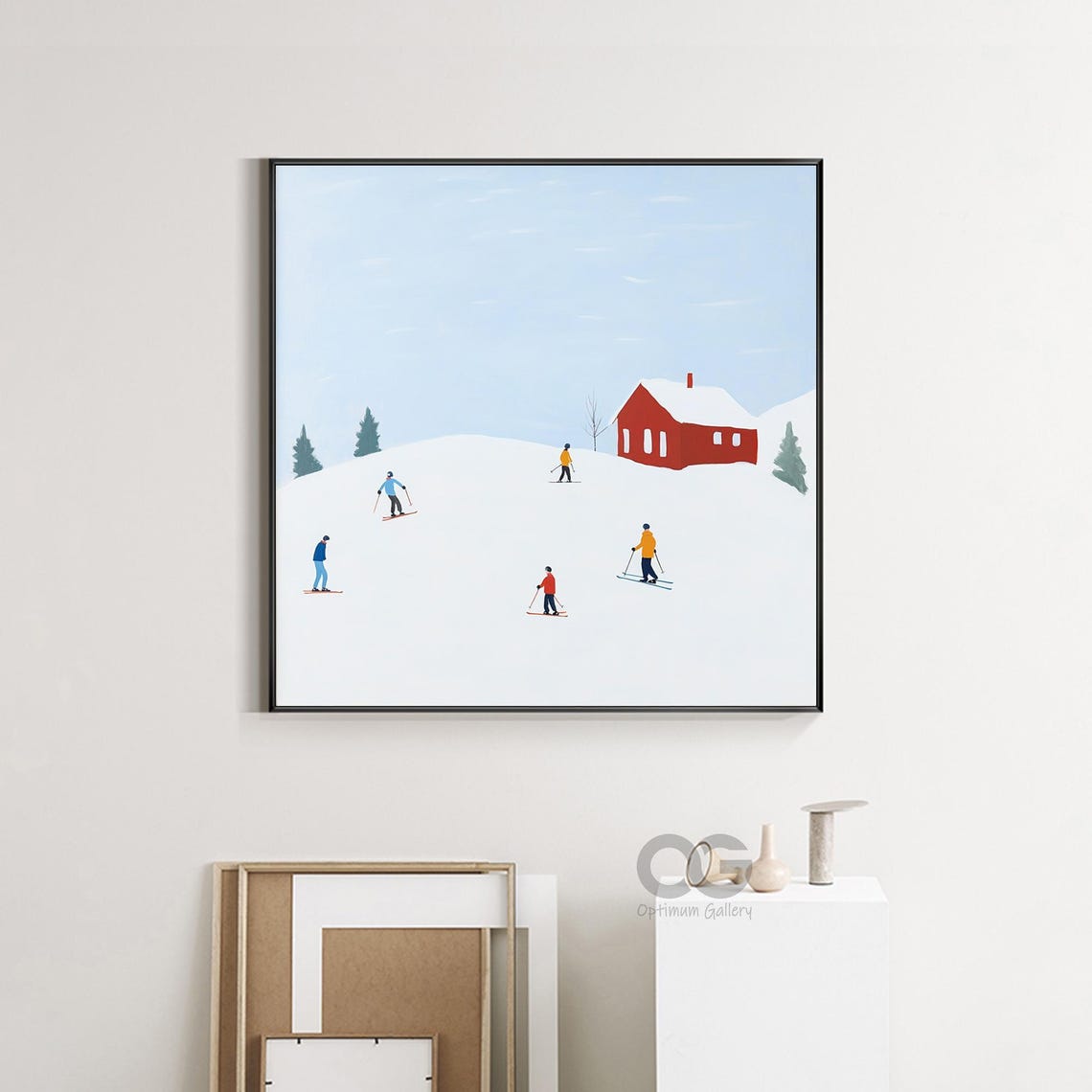 Cheerful Skiers Red Cabin Snowy Slope Winter Illustration Art Poster - Image 3