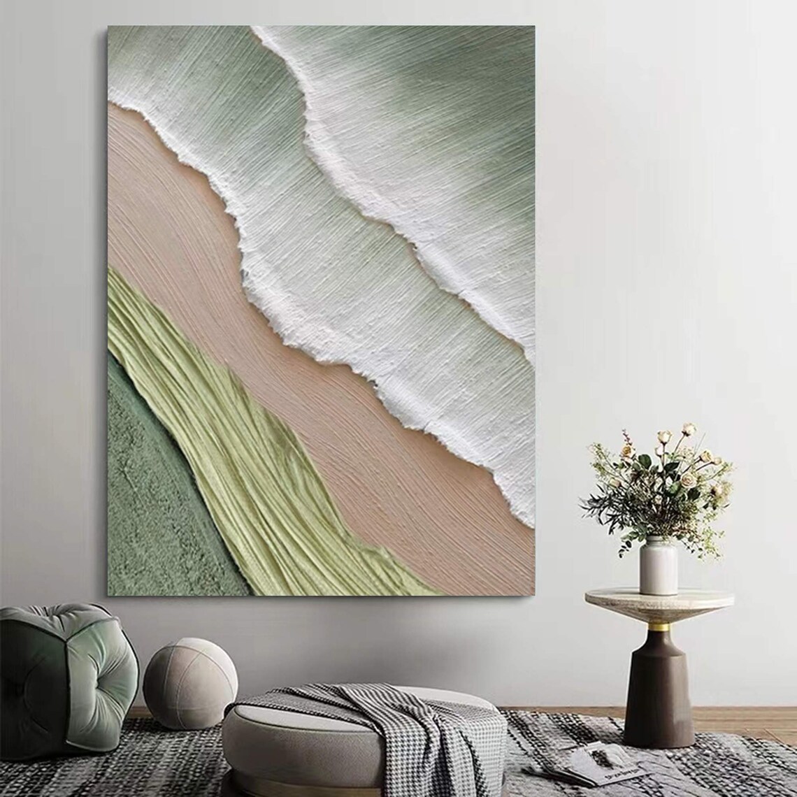 Green White Foam Wave Beige Sand Textured Coastal Abstract Scene Poster - Image 5