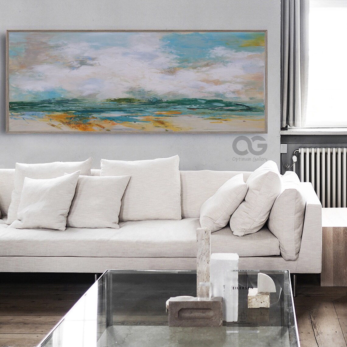 Teal Sea Abstract Painting White Clouds Golden Shore Textured Beach Wall Art - Image 5