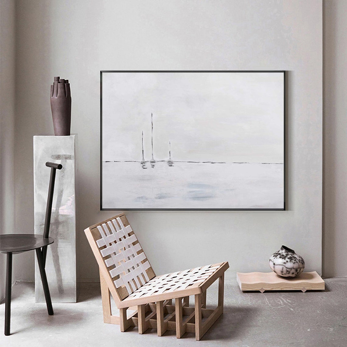 Minimalist Black White Sailboats Misty Sea Calm Horizon Art Poster - Image 2