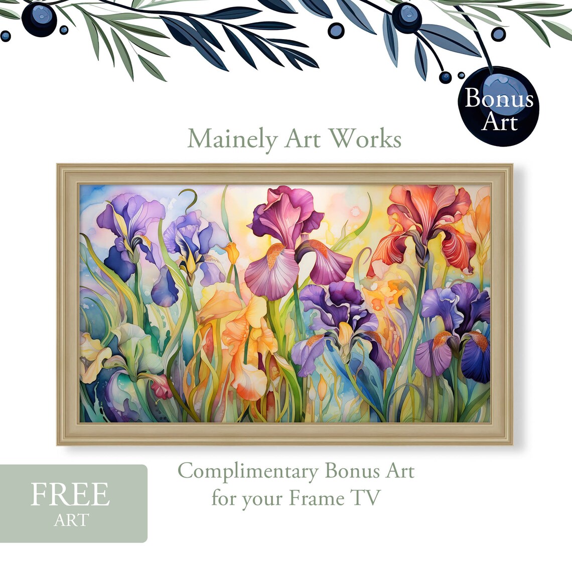 Vibrant Purple Orange Iris Flower Alcohol Ink Watercolor Poster - Image 2