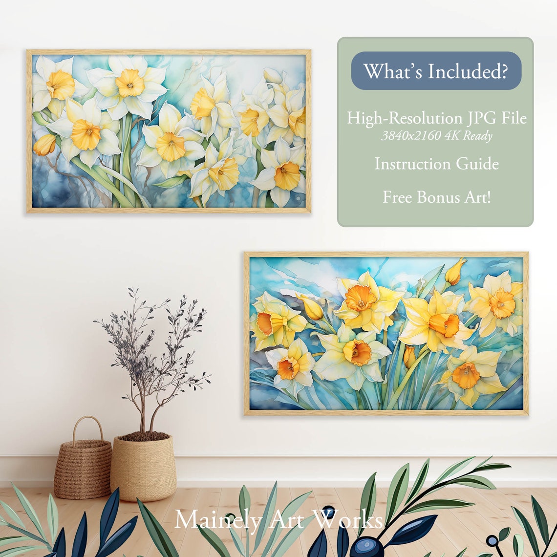 White Daffodil Jonquil Spring Bloom Yellow Center Watercolor Poster - Image 2