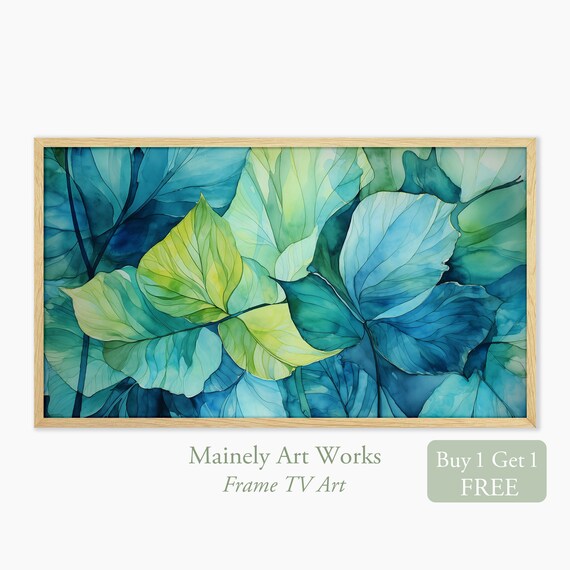 Blue Green Leaf Watercolor Abstract Botanical Foliage Wall Art