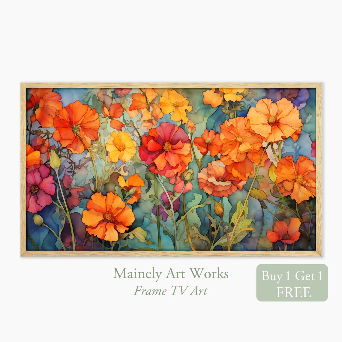 Bright Orange Marigold Bloom Watercolor Fall Floral Garden Poster