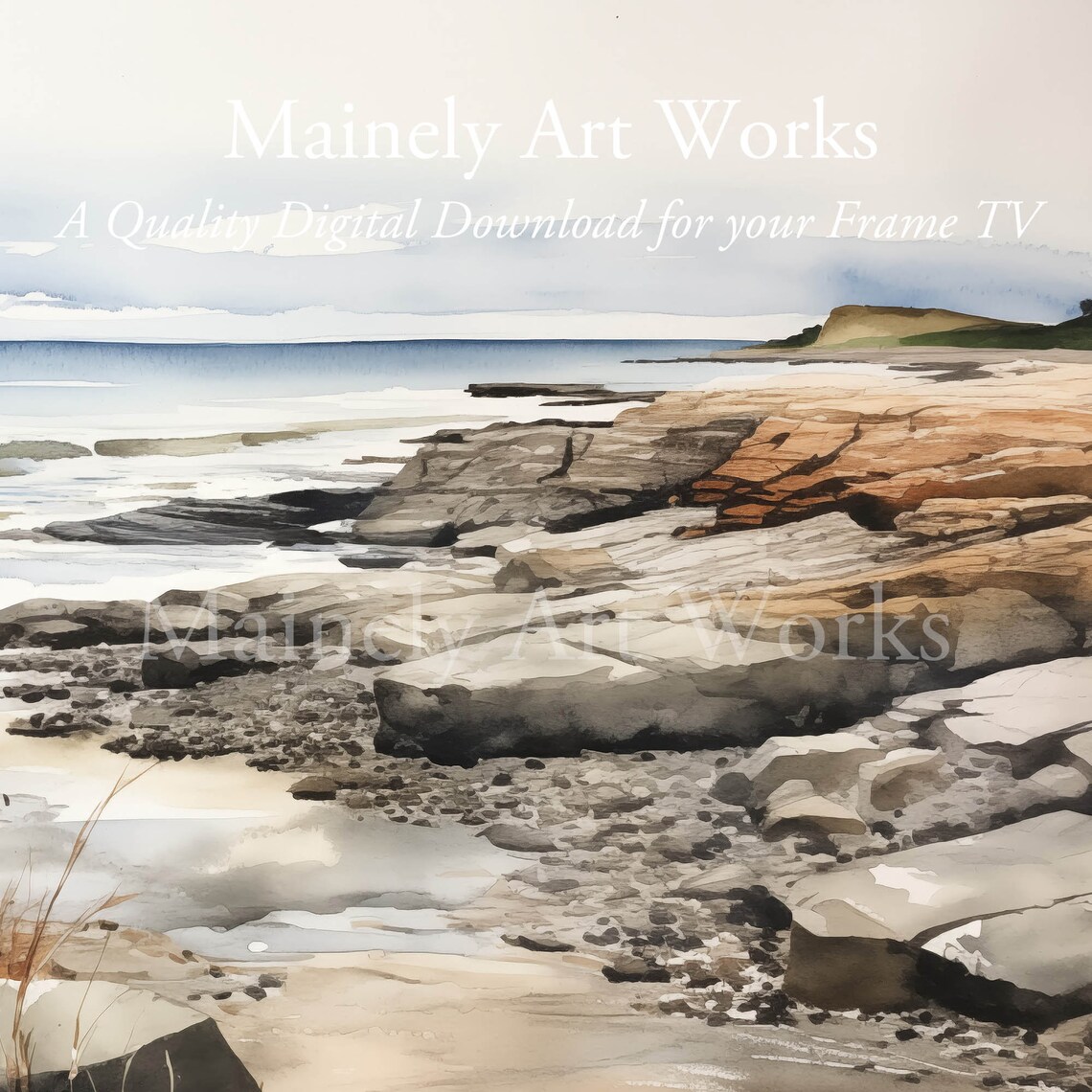 Rocky Coast Seascape Watercolor Grey Rocks Calm Sea Travel Poster - Image 3