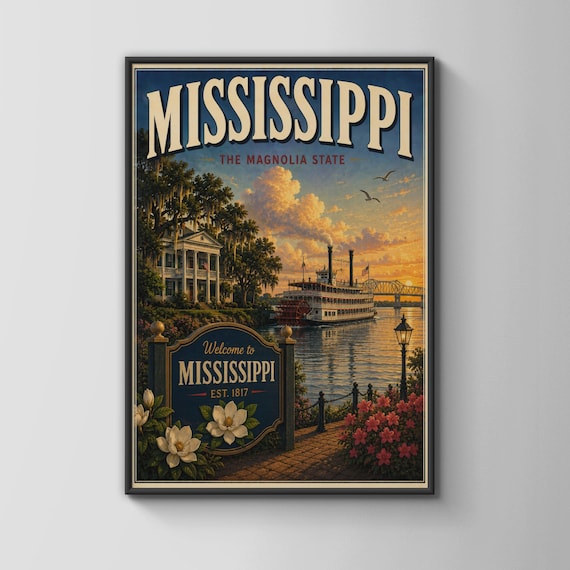 Mississippi The Magnolia State Vintage Travel Riverboat Sunset Scene Poster