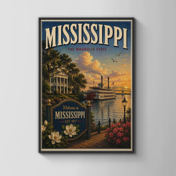 Mississippi Travel Poster Magnolia State Vintage Wall Art Riverboat Sunset Print Southern Home