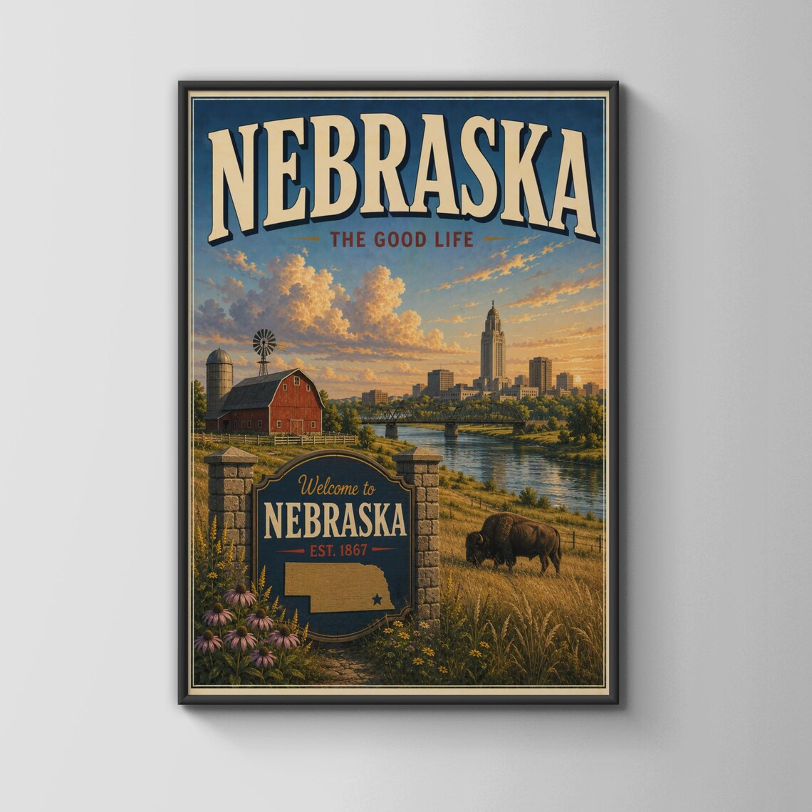 Nebraska The Good Life Vintage Travel Poster, Bison Farm