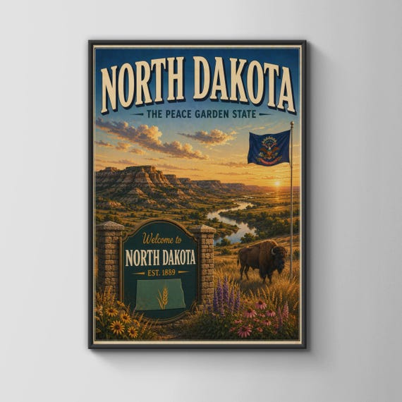 North Dakota Poster Peace Garden State Vintage Travel Print Badlands Bison Wall Art