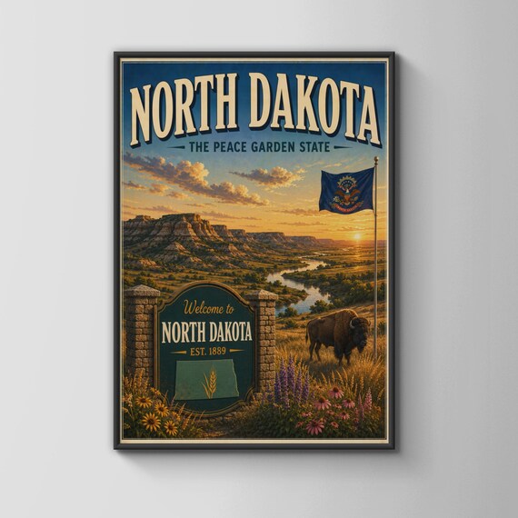 North Dakota The Peace Garden State Vintage Travel Bison Badlands Poster